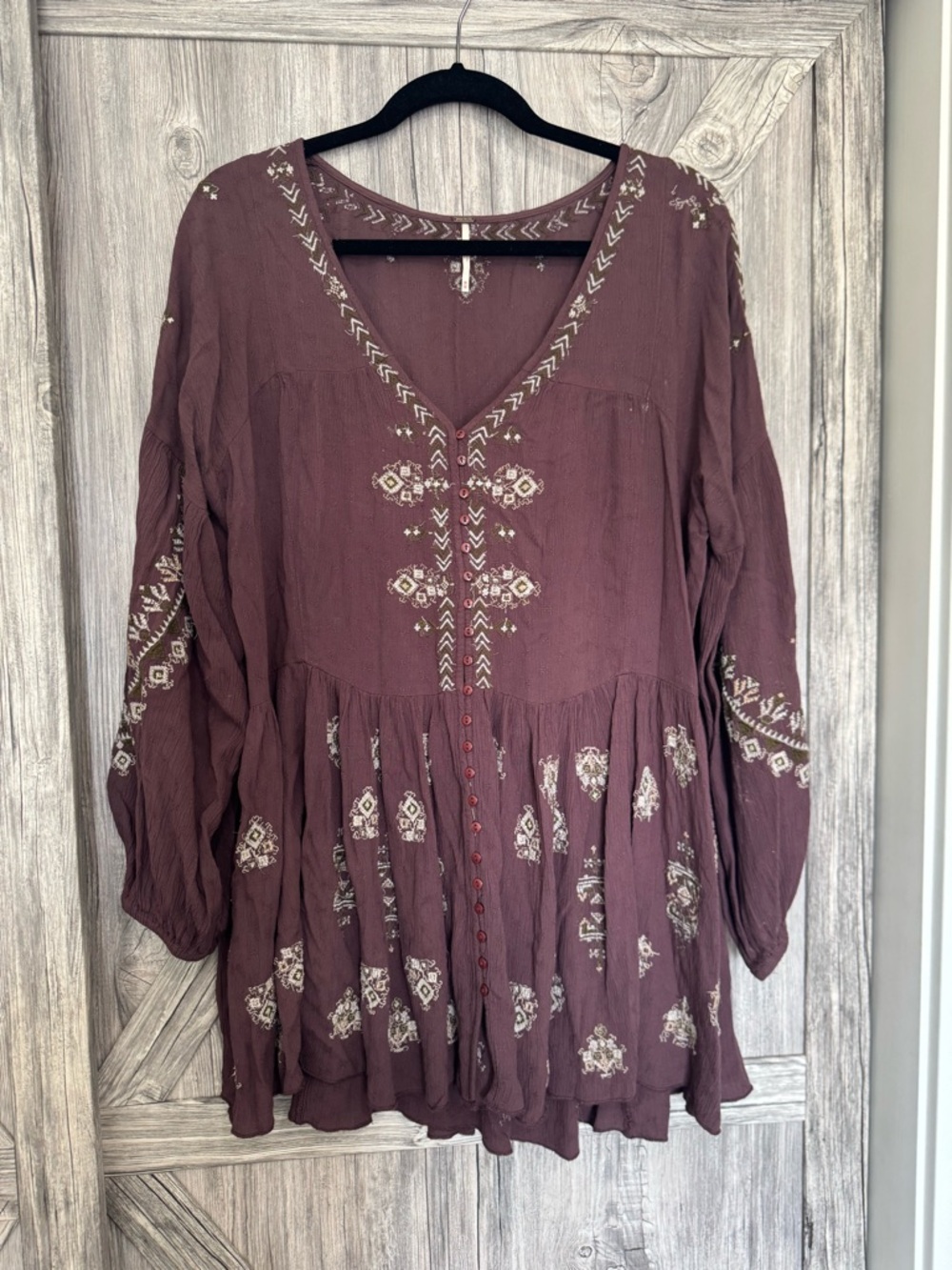Free People Mauve Embroidered V-Neck Tunic